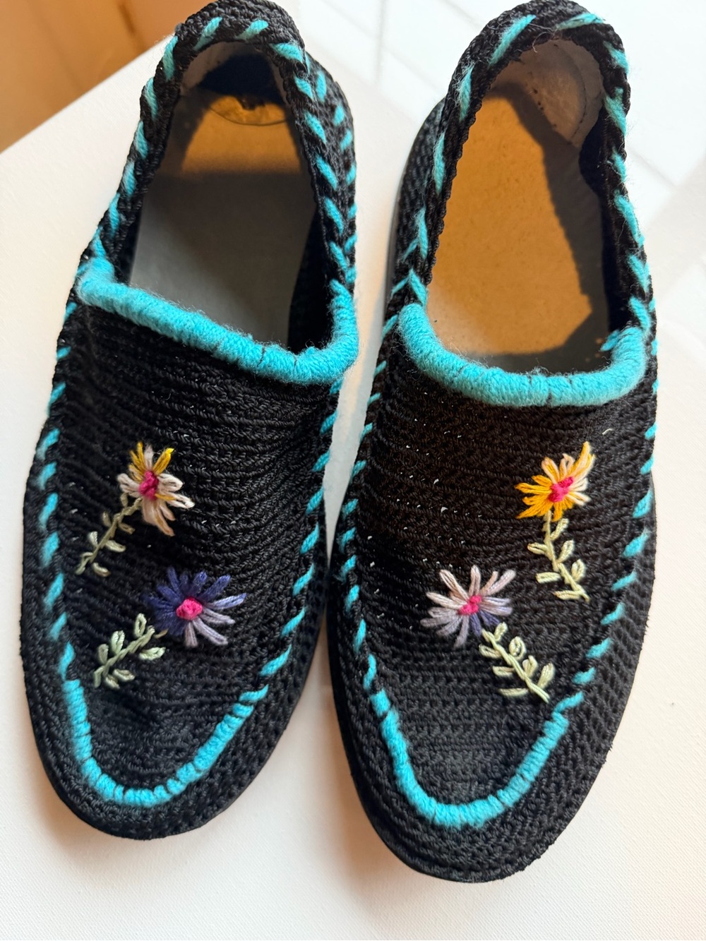 Black Hand-Embroidered Floral Slip-On Women’s Shoes - Turquoise Trim